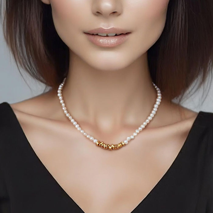 Model Wearing Freshwater Pearl Gold Bead Necklace From Ruby's Ambition